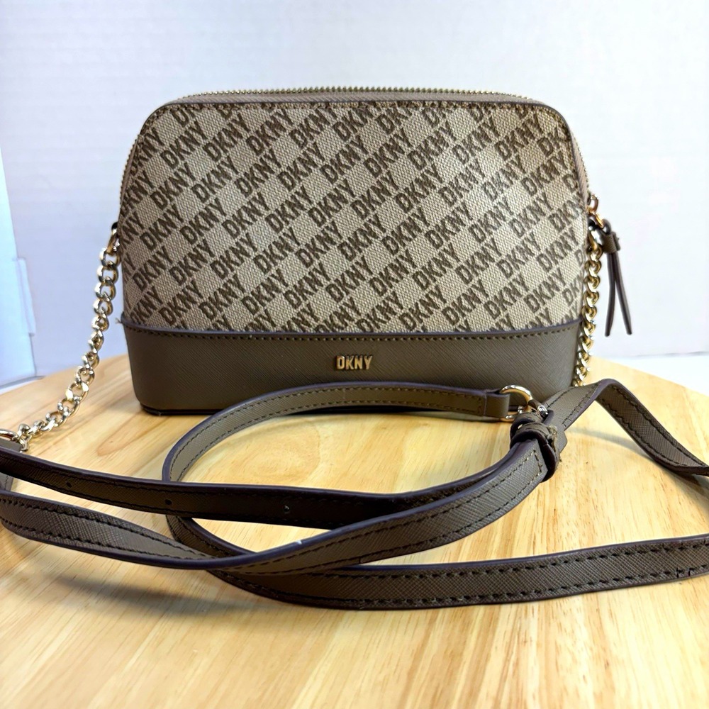 DKNY Monogram Zip Small Crossbody Bag Beige/Gray Gold Chain Adjustable Strap